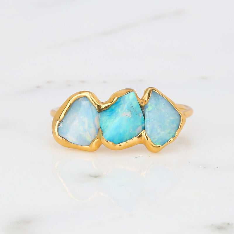 Three Stone Raw Australian Opal Ring, view 4 of 7