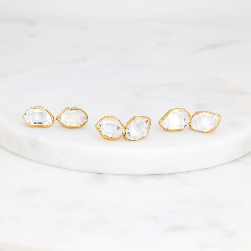 Large Raw Herkimer Diamond Stud Earrings in Yellow Gold, view 4 of 10