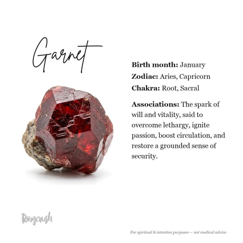 Garnet information card: January birthstone, said to spark vitality, passion and a grounded sense of security