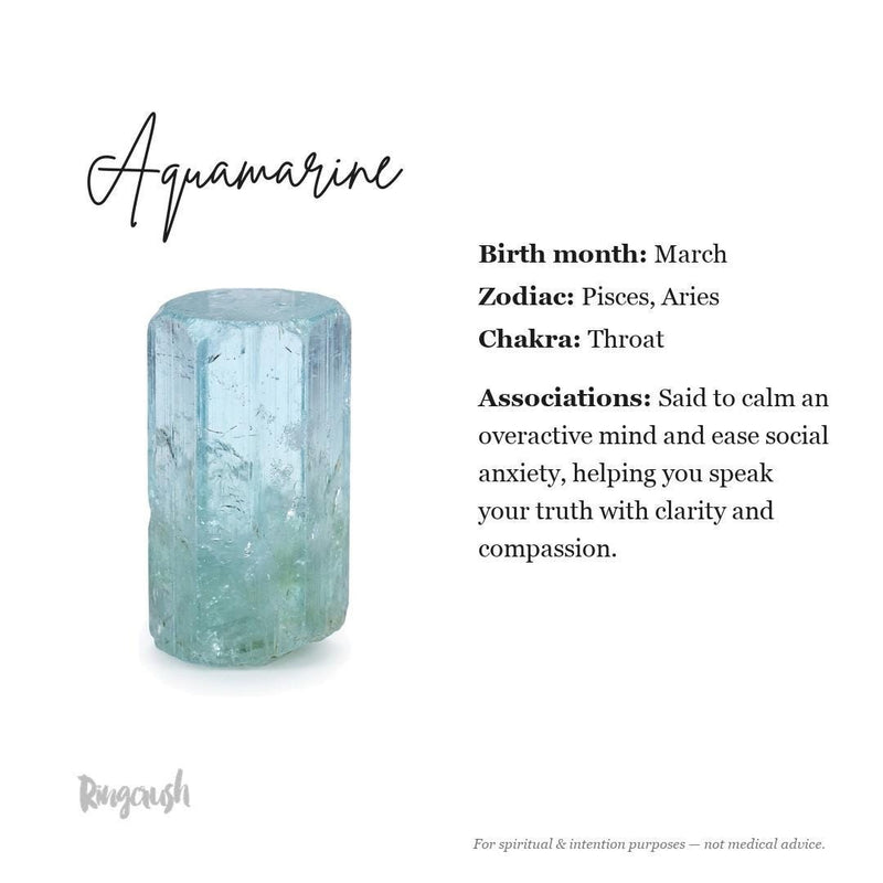 Aquamarine information card: March birthstone, said to calm the mind and help you speak with clarity