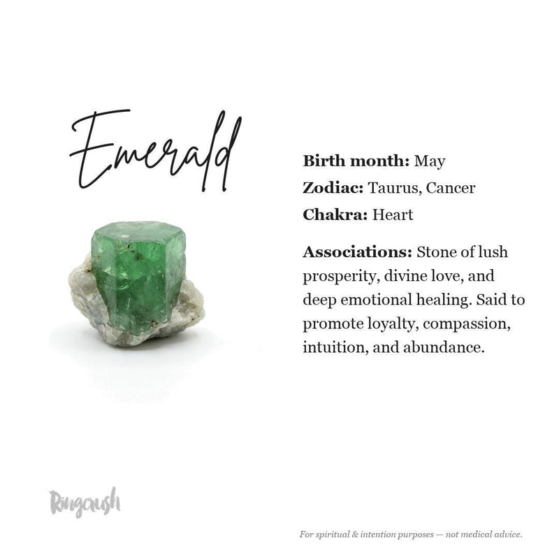 Emerald information card: May birthstone, said to bring prosperity, loyalty and emotional healing