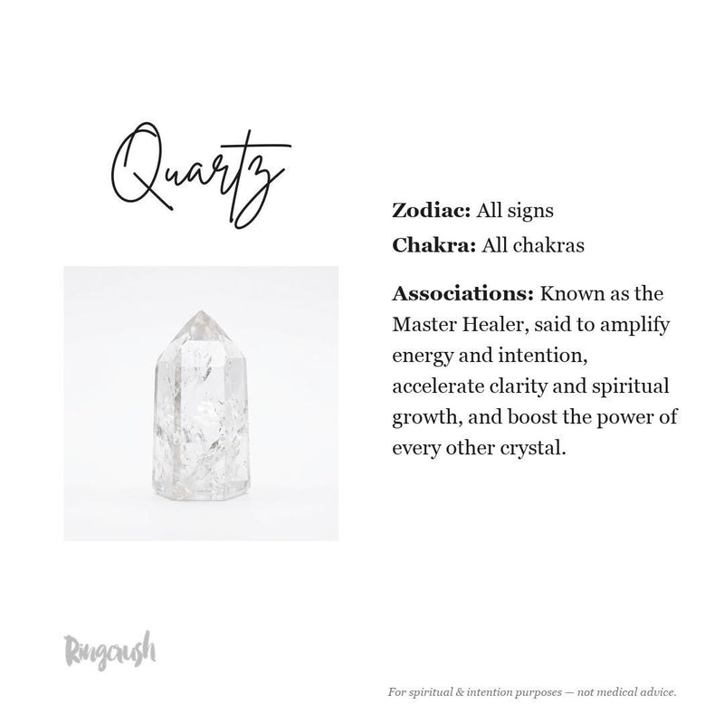 Quartz information card: the master healer, said to amplify energy, clarity and every other crystal