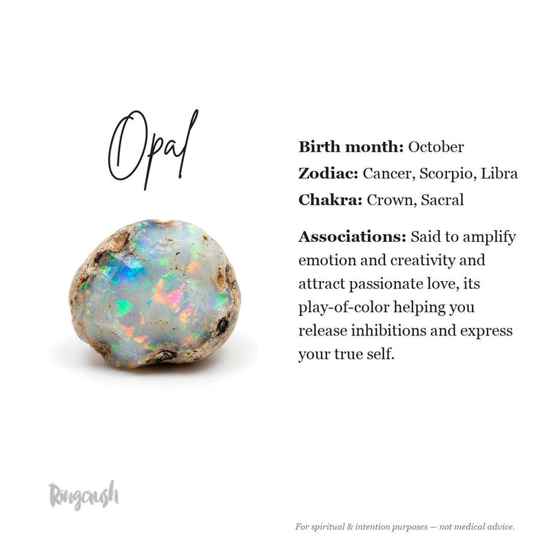 Opal information card: October birthstone, said to amplify creativity, emotion and self-expression