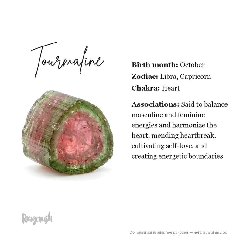 Tourmaline information card: October birthstone, said to balance energies and support self-love