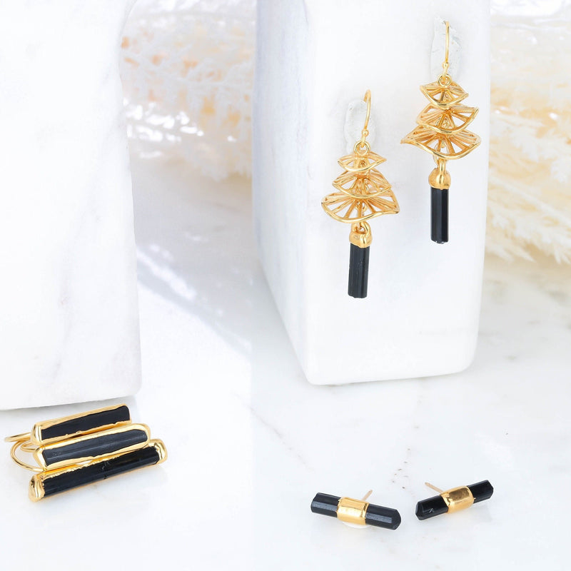 Belted Raw Black Tourmaline Earrings, view 5 of 11
