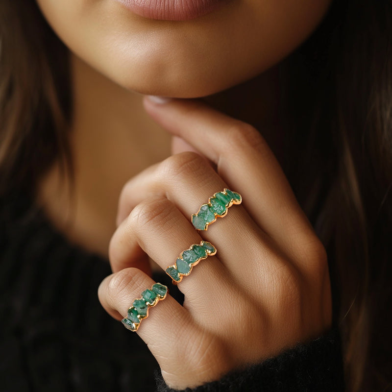 5 Stone Raw Emerald Ring in Yellow Gold, view 5 of 12