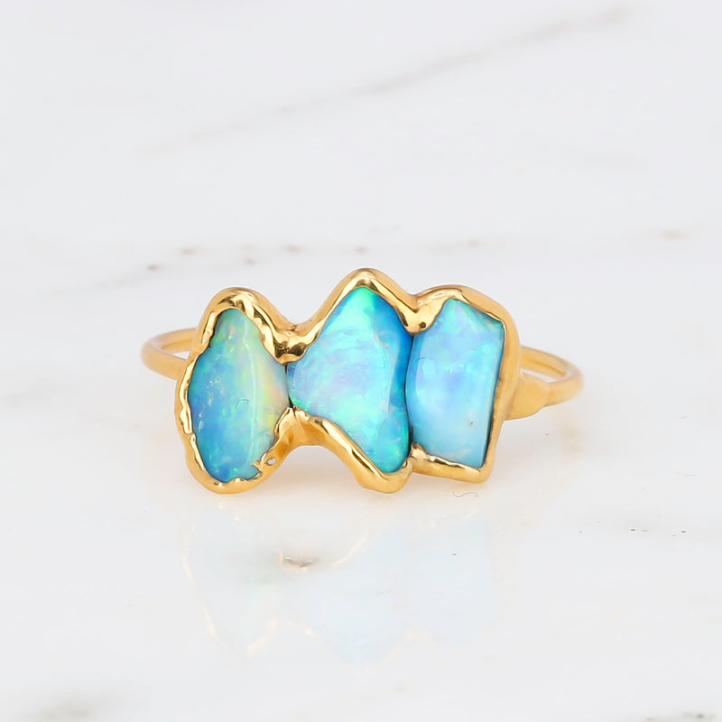 Three Stone Raw Australian Opal Ring, view 6 of 7