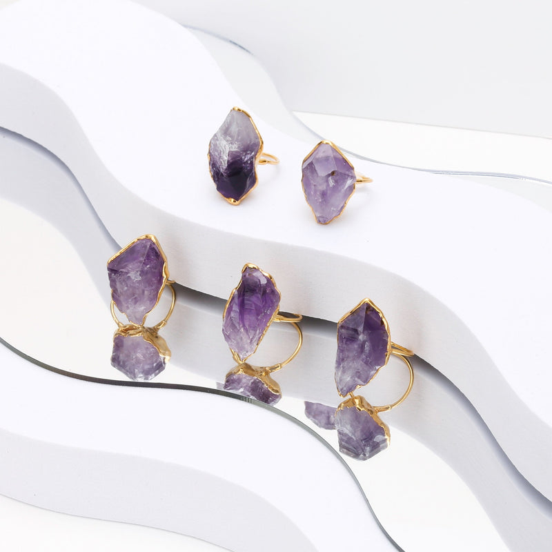 Vertical Raw Amethyst Ring, Rose Gold Rough Gemstone Ring,