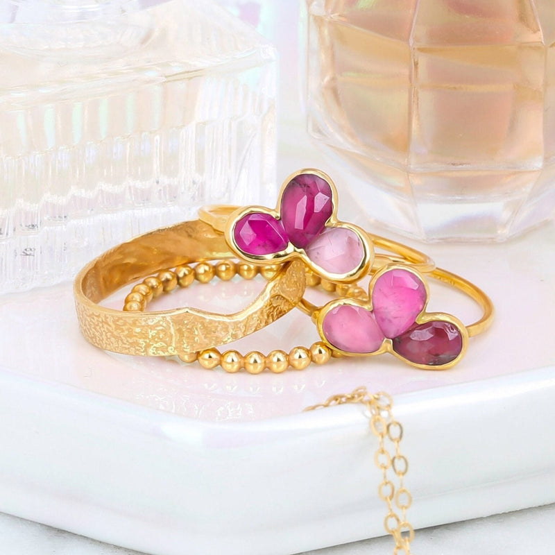 Pink Tourmaline Fleur Ring in 24k gold dip, view 10 of 11