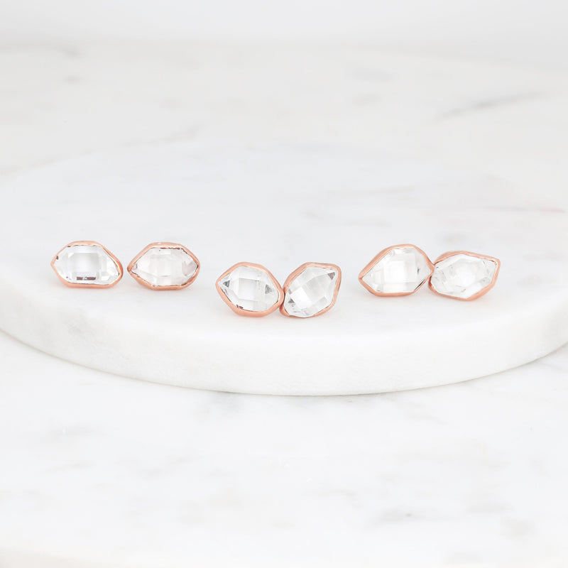 Large Raw Herkimer Diamond Stud Earrings in Yellow Gold, view 8 of 10