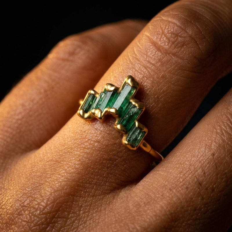 Art Deco Witchy Raw Panjshir Emerald Ring, view 7 of 10
