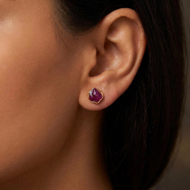 Raw Ruby Earrings in Yellow Gold, view 8 of 11