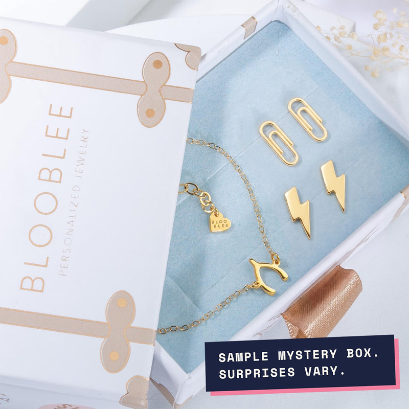 Sample Blooblee mystery box: wishbone bracelet, paperclip and lightning bolt studs