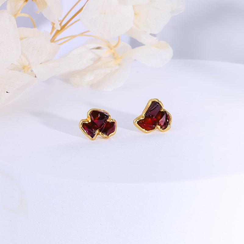 Dainty Raw Triple Garnet Cluster Stud Earrings, view 10 of 13