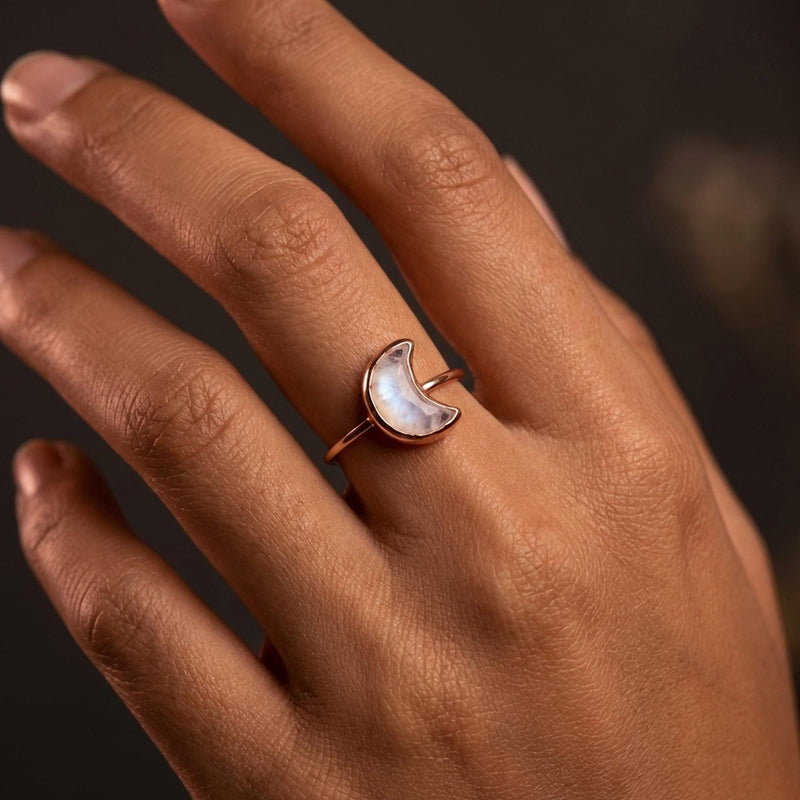 Moon Shaped Rainbow Raw Moonstone Ring, view 9 of 12