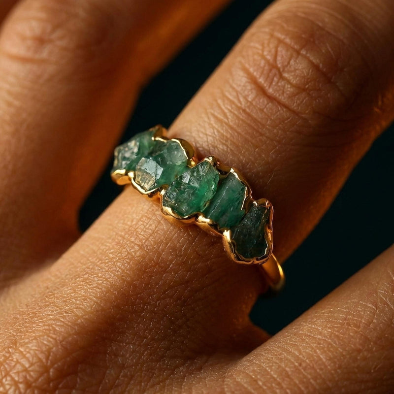 5 Stone Raw Emerald Ring in Yellow Gold, view 9 of 12