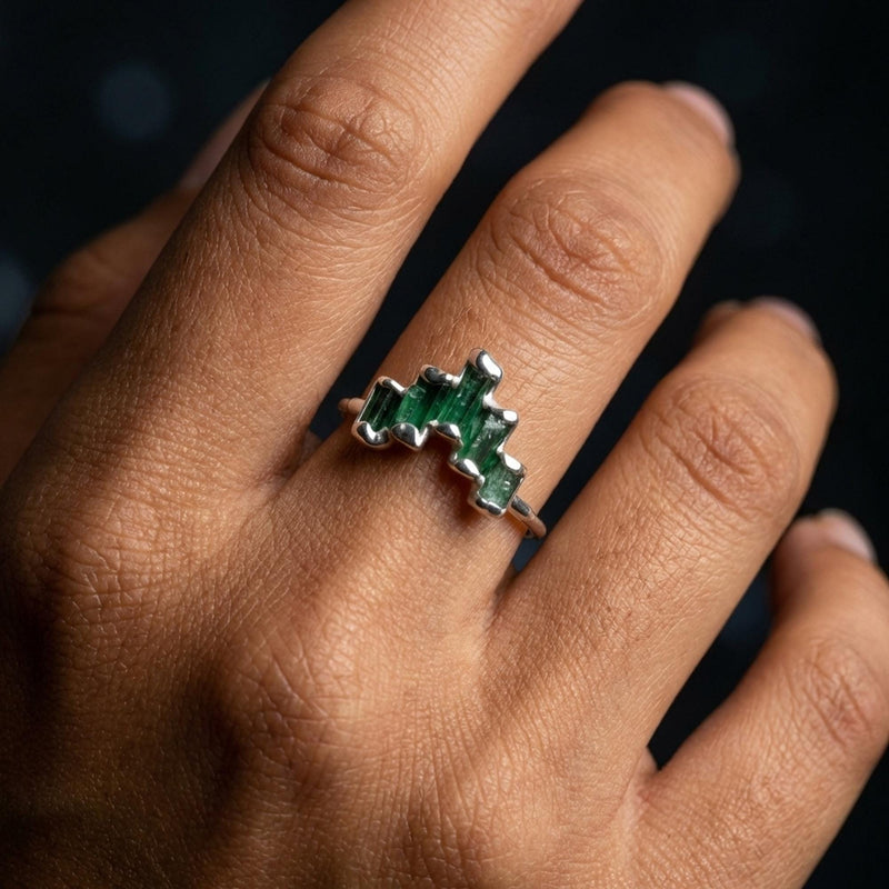 Art Deco Witchy Raw Panjshir Emerald Ring, view 9 of 10