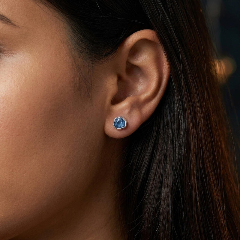 Dainty Raw Sapphire Earrings in Silver, view 9 of 10