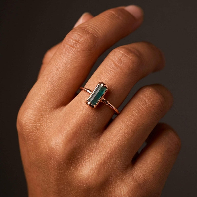 Vertical Raw Dark Blue Tourmaline Bar Ring, view 10 of 10