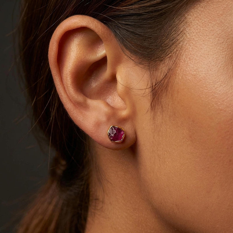 Raw Ruby Earrings in Yellow Gold, view 10 of 11