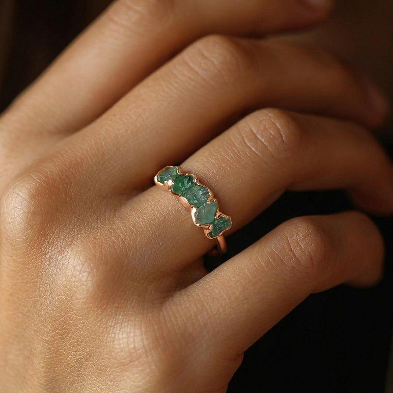 5 Stone Raw Emerald Ring in Yellow Gold, view 10 of 12