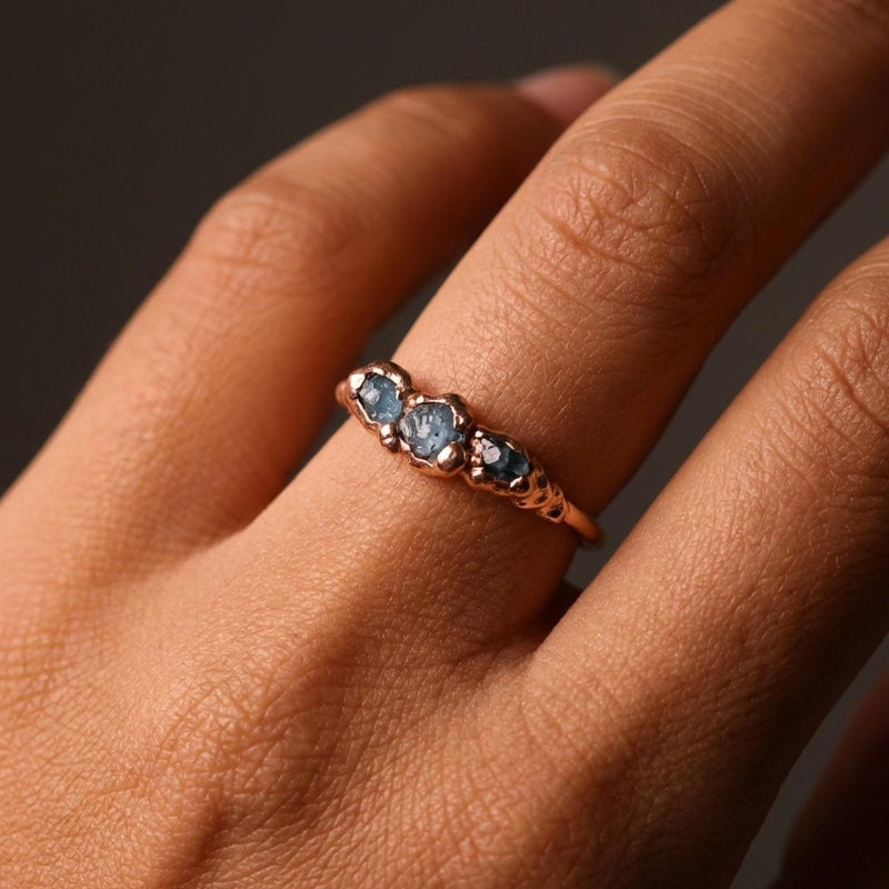 Three Stone Raw Blue Diamond Ring in Sterling Silver, view 10 of 13
