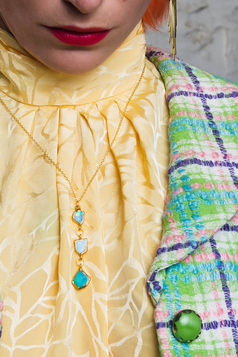 Triple Raw Opal Necklace in 24k gold dip, view 4 of 15
