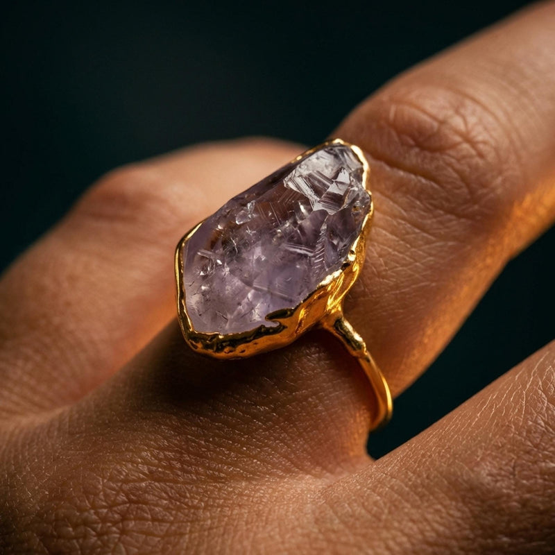 Vertical Raw Amethyst Ring, Rose Gold Rough Gemstone Ring,