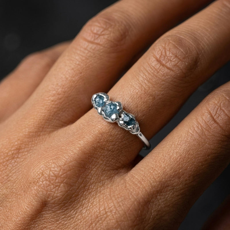 Three Stone Raw Blue Diamond Ring in Sterling Silver, view 11 of 13