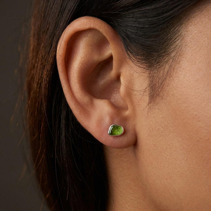Dainty Raw Peridot Stud Earrings, view 12 of 14
