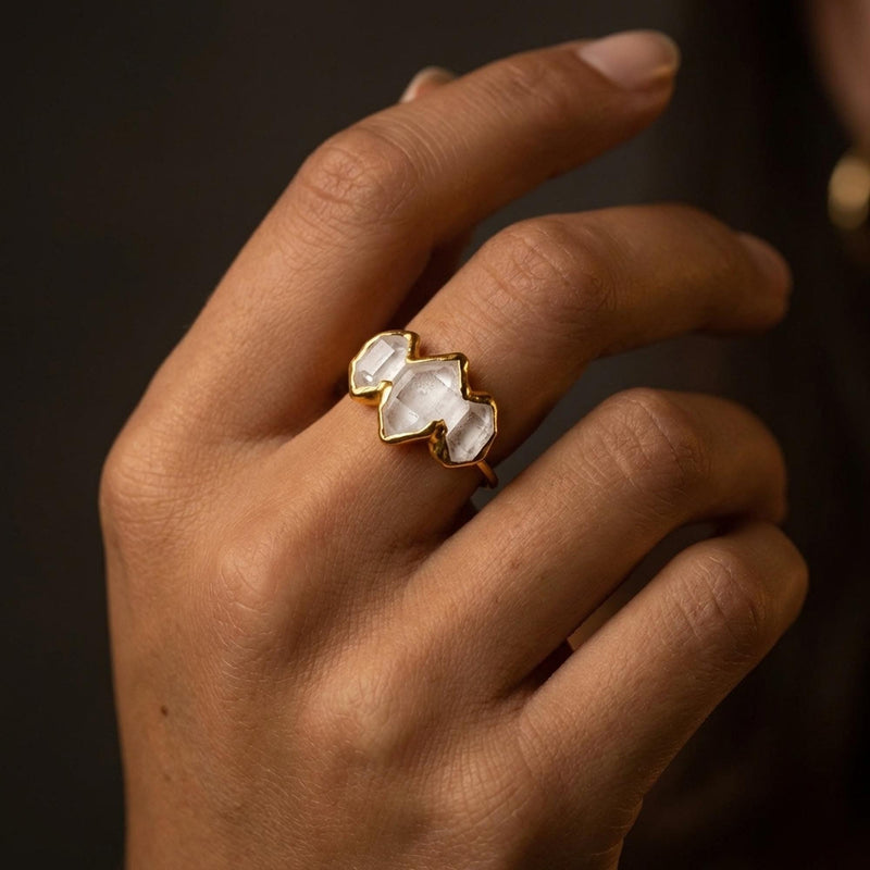 Three Stone Large Raw Herkimer Diamond Ring, view 13 of 16
