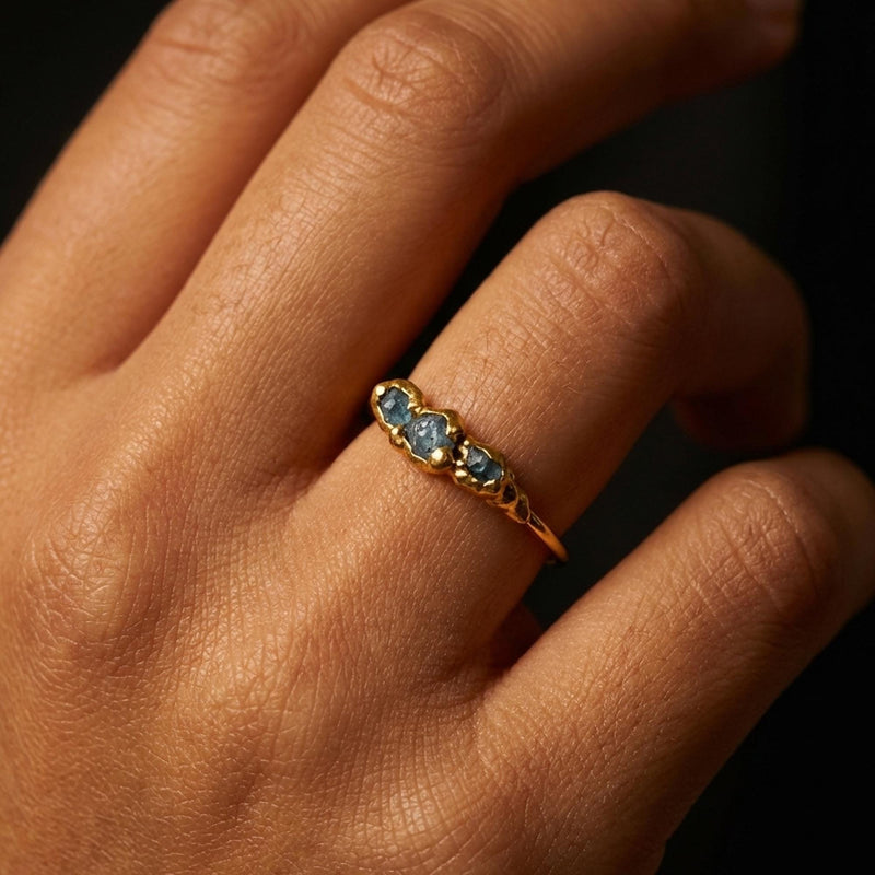 Three Stone Raw Blue Diamond Ring in Sterling Silver, view 12 of 13