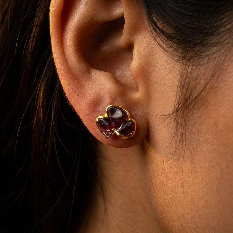 Dainty Raw Triple Garnet Cluster Stud Earrings, view 13 of 13