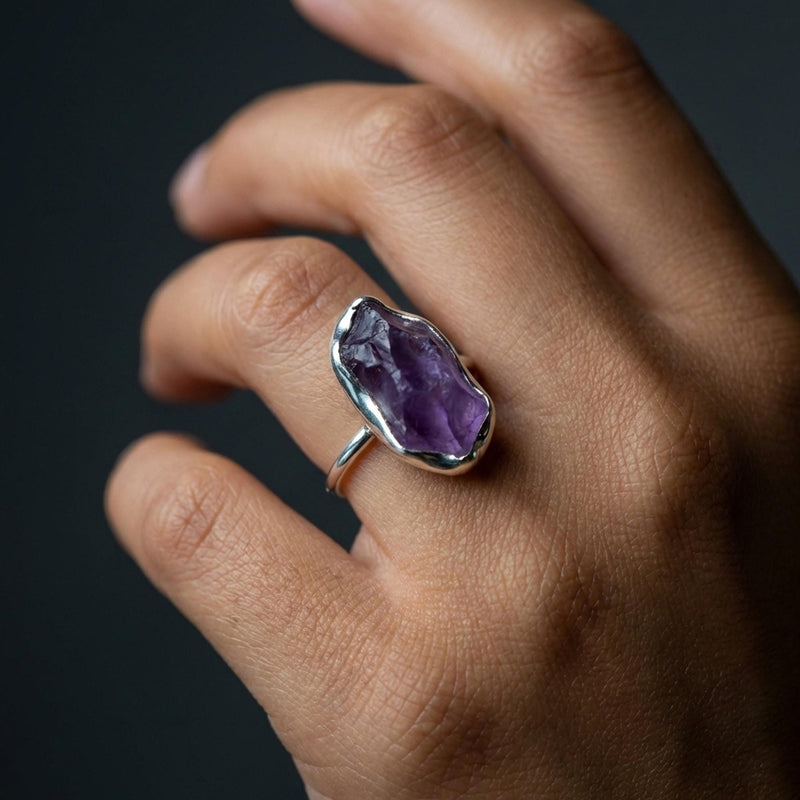 Vertical Raw Amethyst Ring, Rose Gold Rough Gemstone Ring,