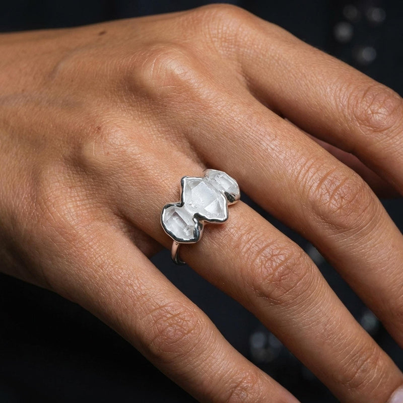 Three Stone Large Raw Herkimer Diamond Ring, view 15 of 16