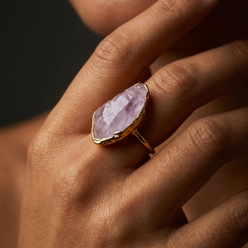 Vertical Raw Amethyst Ring, Rose Gold Rough Gemstone Ring,
