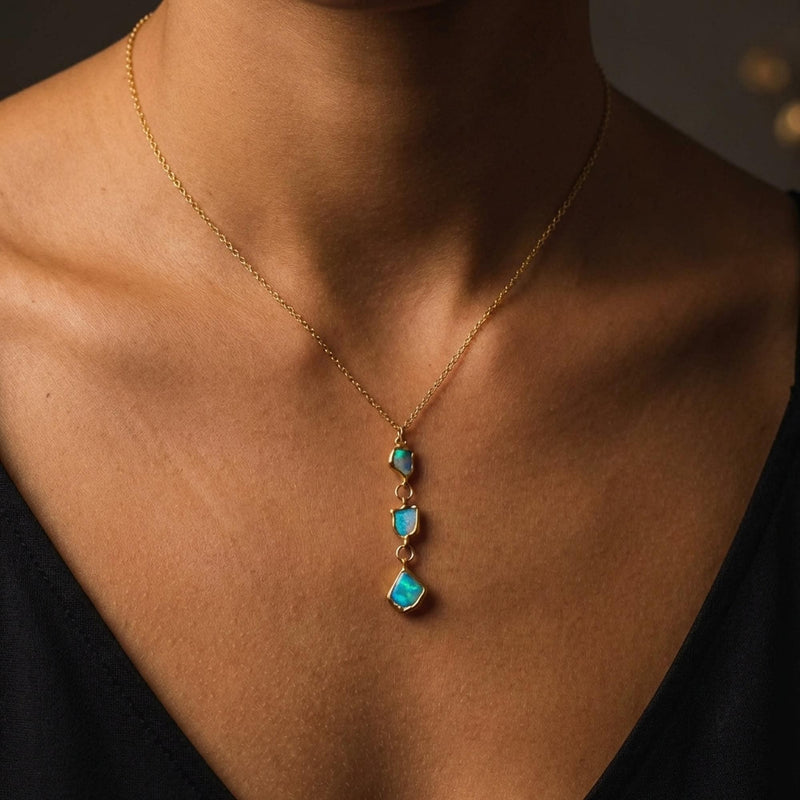 Triple Raw Opal Necklace in 24k gold dip, view 15 of 15