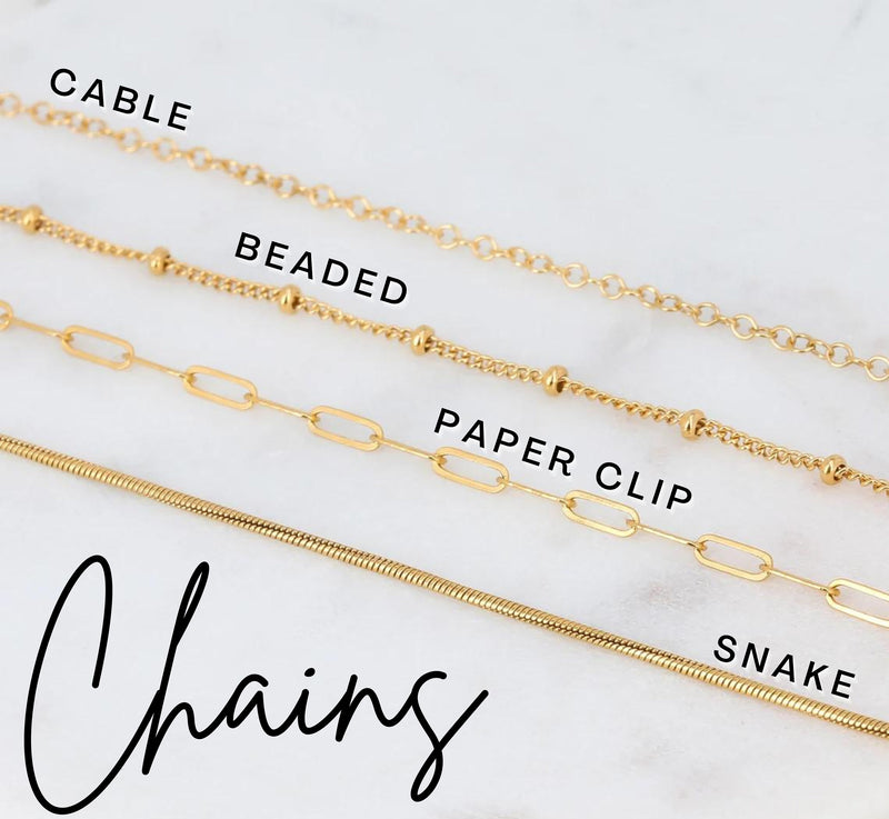 Chart of the four Ringcrush chain styles: cable, beaded, paper clip and snake