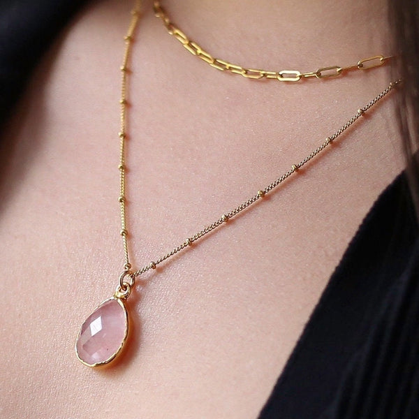 Rose Quartz Two Layered Necklace Set in gold-filled
