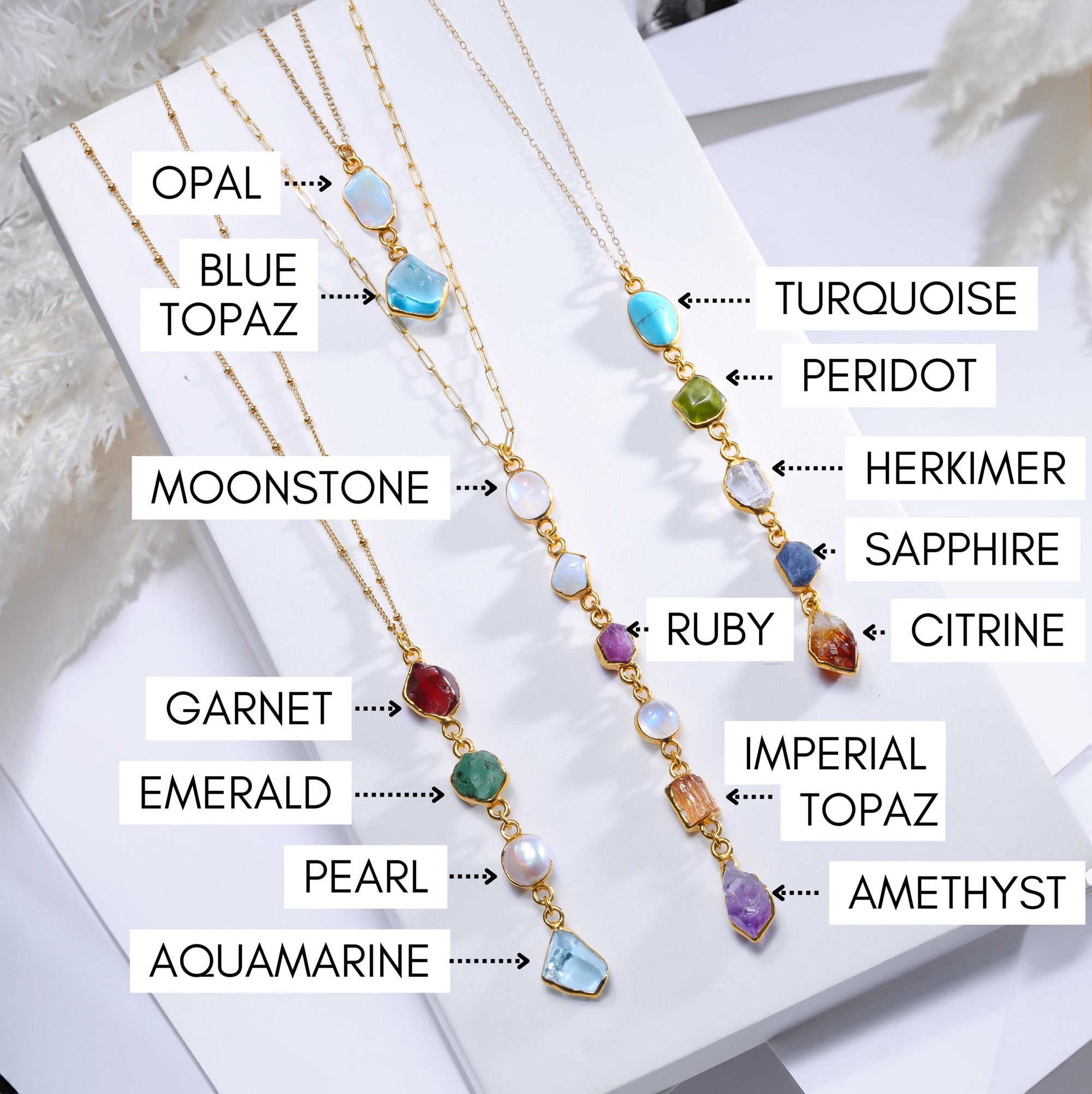 Custom Raw Birthstone Necklace • Lariat Mother’s Necklace • Unique Mother's Day Gift • Kids Birthstone Family Necklace • Boho Raw Gemstone