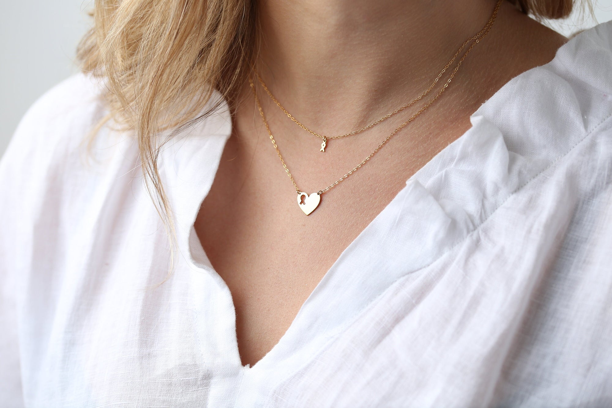 Breast Cancer Ribbon & Heart Friendship Necklace Set · BFF Best Friend Necklaces · Cancer Awareness · 100% goes towards Amy's Recovery