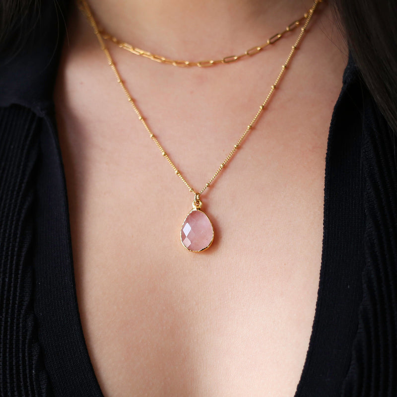 Rose Quartz Two Layered Necklace Set in gold-filled, view 2 of 8
