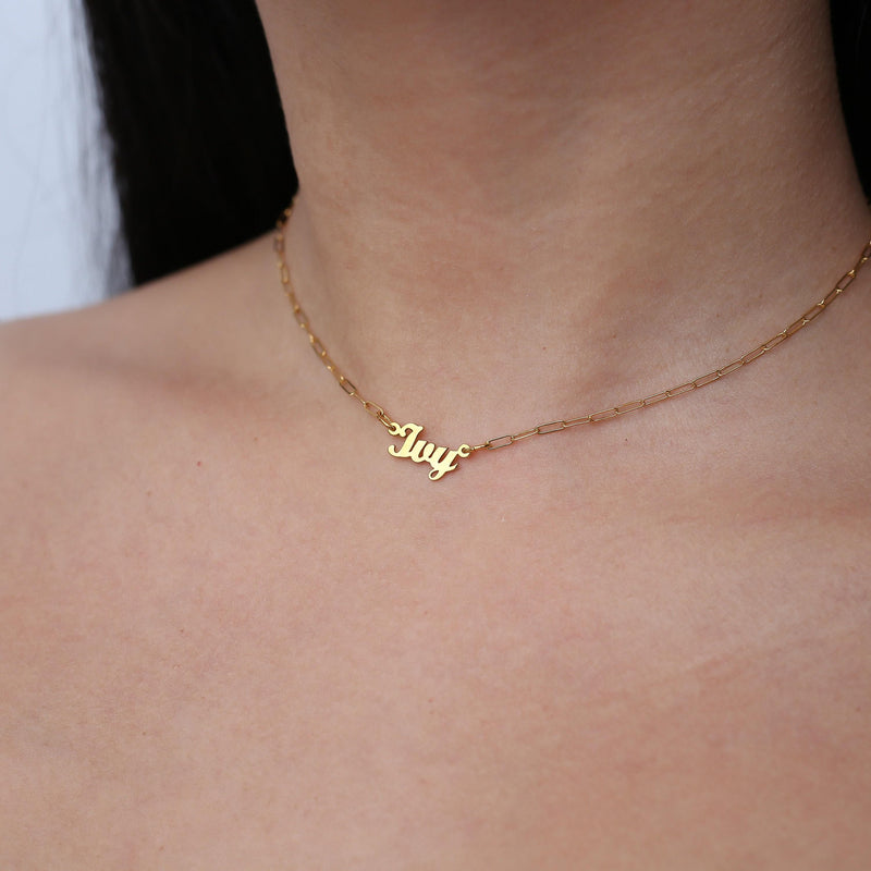 Fine gold cursive script name pendant on a dainty cable chain (5 of 18)