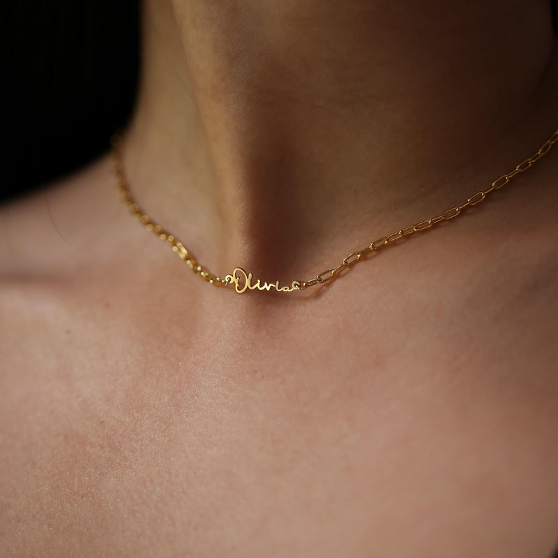 Fine gold cursive script name pendant on a dainty cable chain (7 of 18)
