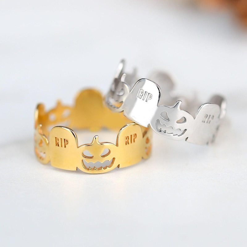 Thin gold stacking ring with a small RIP tombstone charm on the crown (5 of 15)