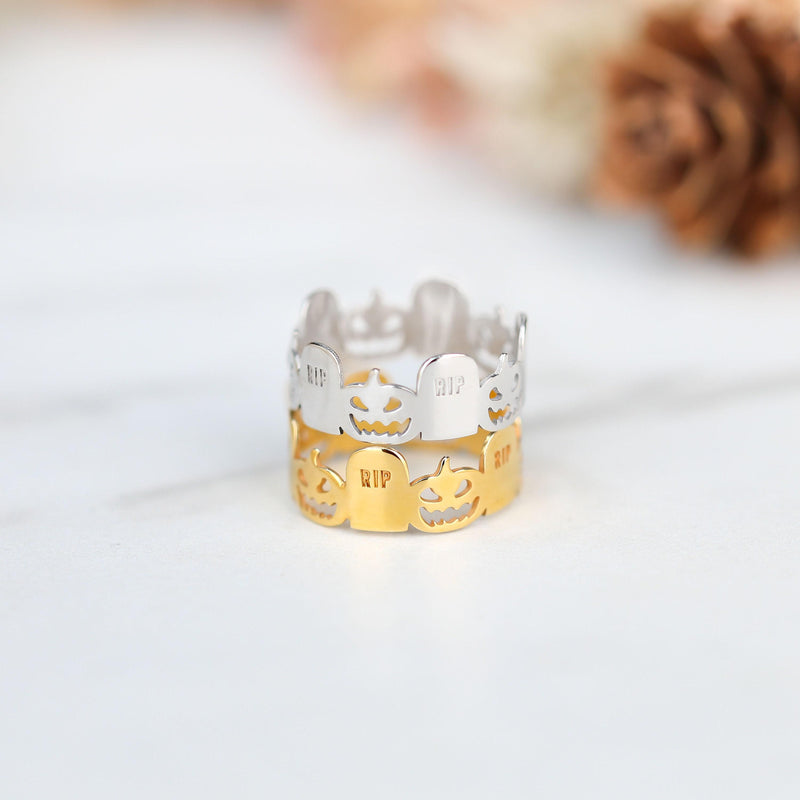 Thin gold stacking ring with a small RIP tombstone charm on the crown (6 of 15)