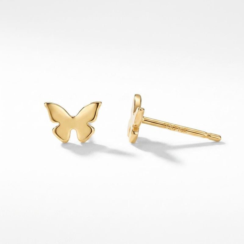 Two small gold butterfly stud earrings with open wings, front view.