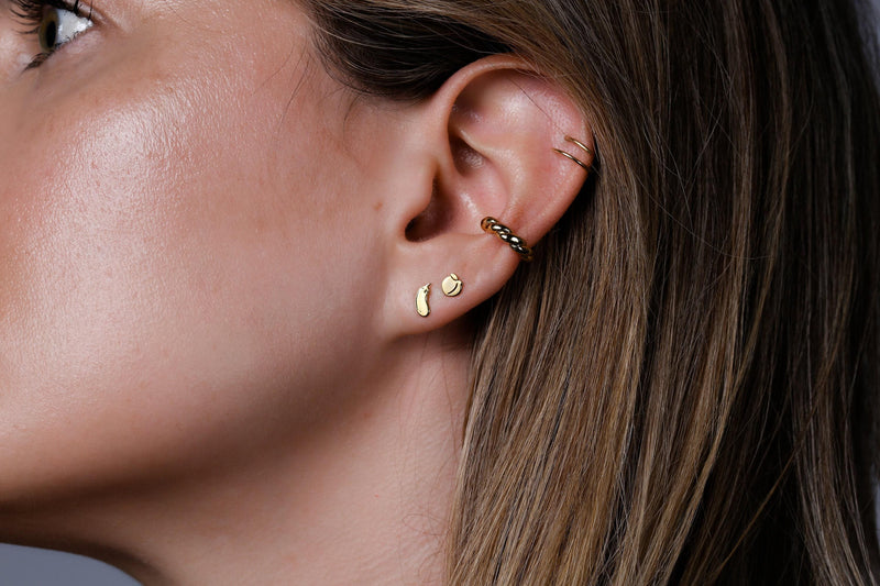Mismatched pair of tiny gold peach and eggplant emoji stud earrings (2 of 14)