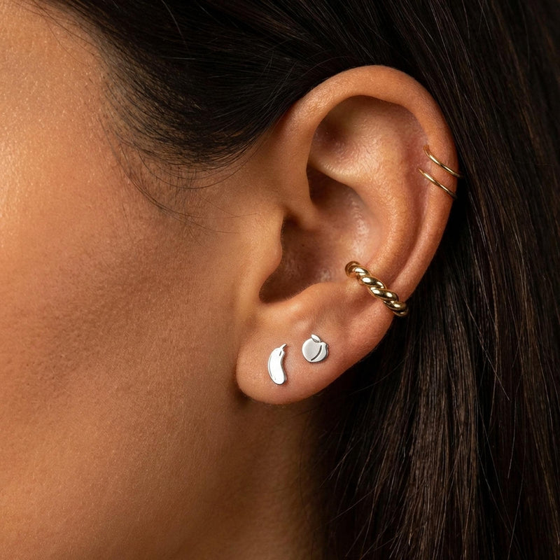 Mismatched pair of tiny gold peach and eggplant emoji stud earrings (6 of 14)