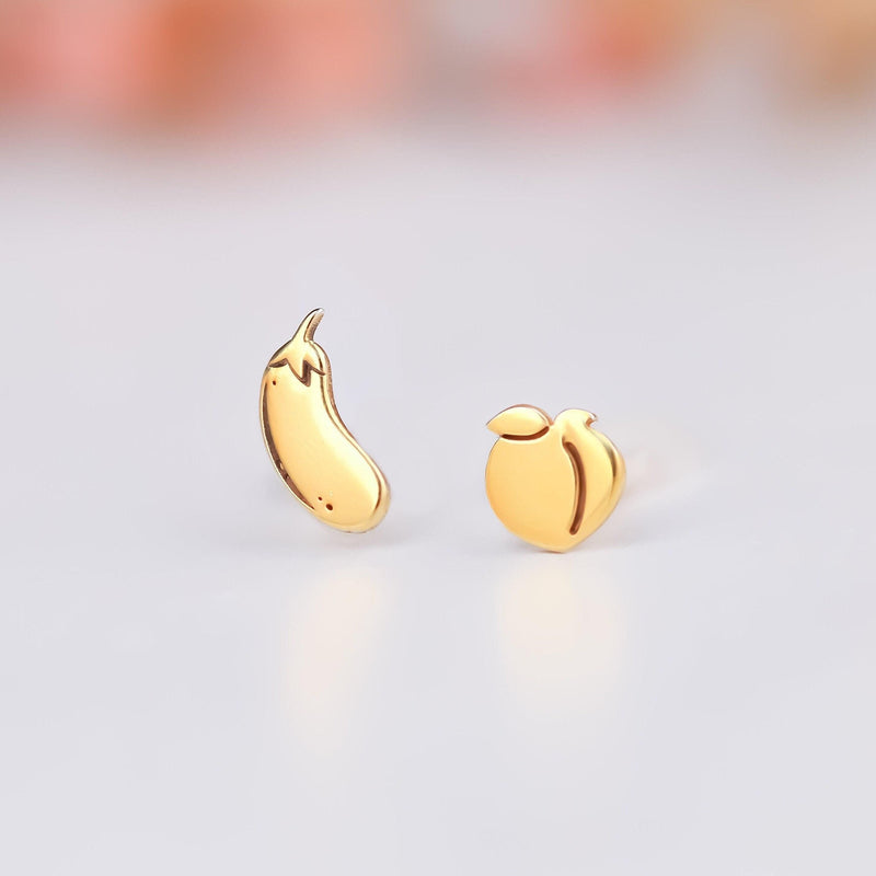 Mismatched pair of tiny gold peach and eggplant emoji stud earrings (8 of 14)